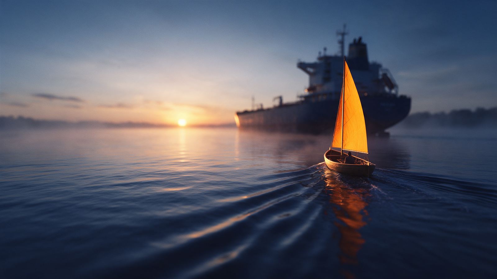 A small boat with an orange sail cruising ahead of a giant cargo ship at sunrise