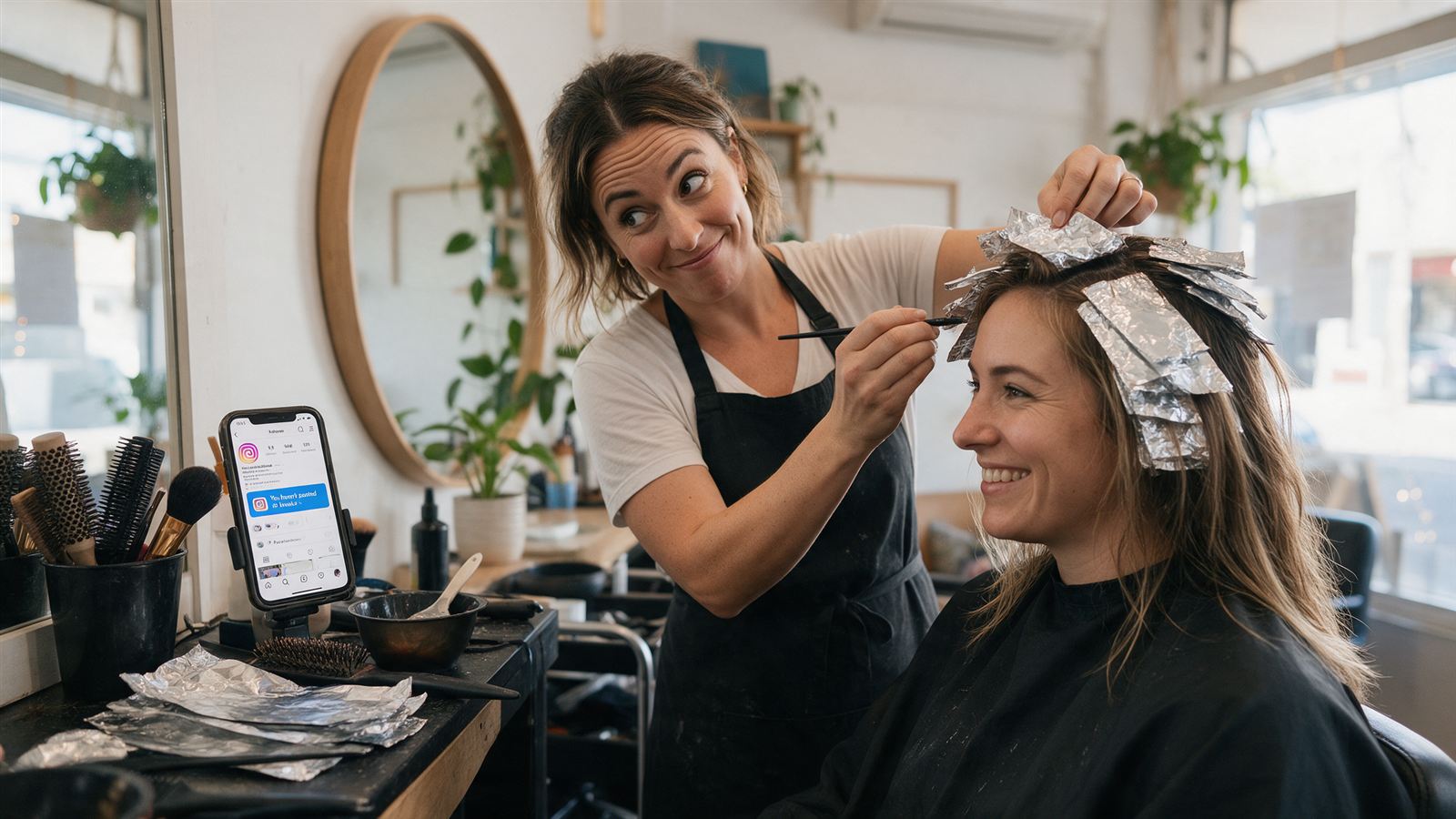 A hairdresser applying foils to a smiling client