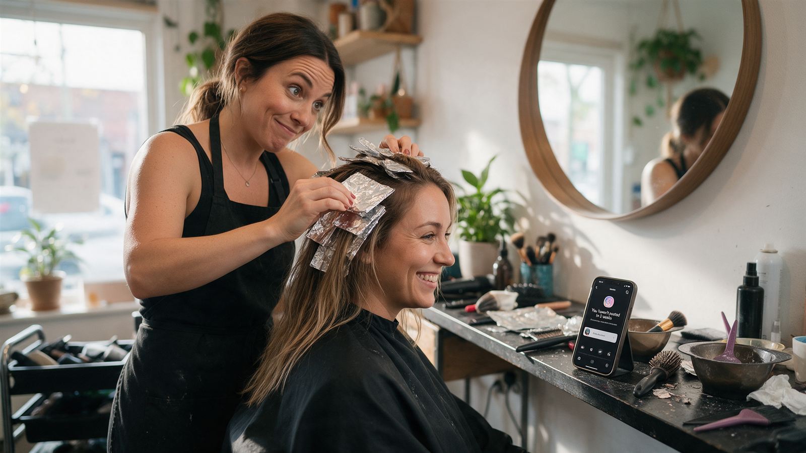 A hairdresser mid-highlights pulls a face at her phone, which says she hasn't posted in 3 weeks