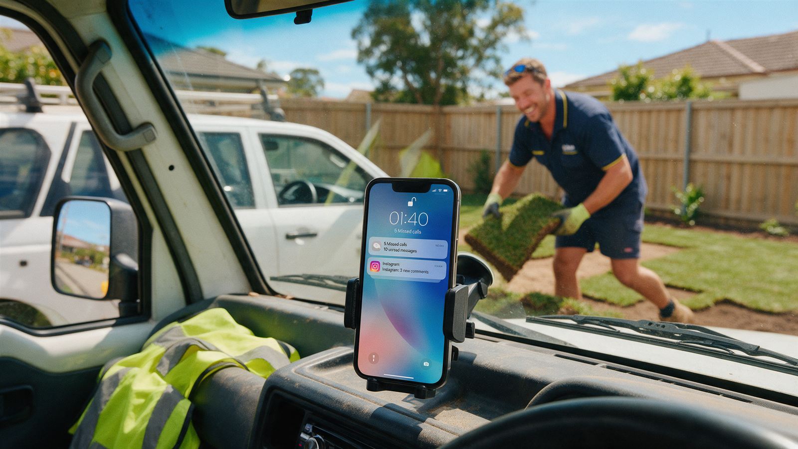 A phone on a ute dashboard showing 5 missed calls, 10 unread messages and 3 Instagram comments, while a landscaper lays turf outside